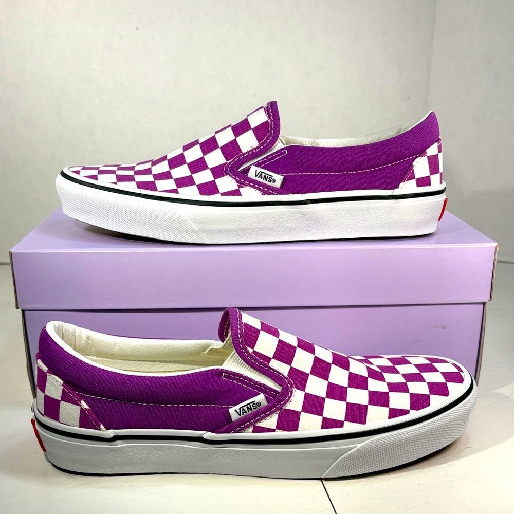 Vans Violet and White Checkered Slip-Ons Women’s 8.5